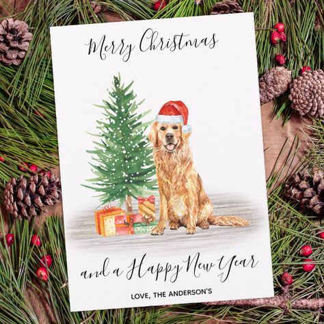 Golden Retriever Christmas Card, Christmas Golden Retriever, Folded Christmas Cards, Dog Holiday Cards, Golden Retriever Christmas, Dog Tree, Santa Tree, Dog Christmas Card, Santa Dog