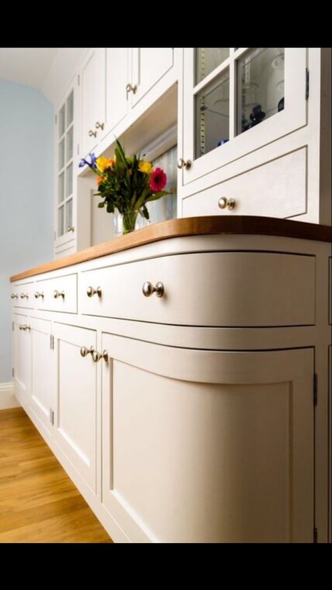 Rounded Corner Kitchen Cabinet, Curved Edge Kitchen Cabinets, Round Edge Kitchen Cabinets, Curved End Kitchen Cabinet, Kitchen Dresser Modern, Rounded Cabinets Kitchen, Built In Kitchen Dresser, Round Kitchen Cabinets, Curved Kitchen Cabinets