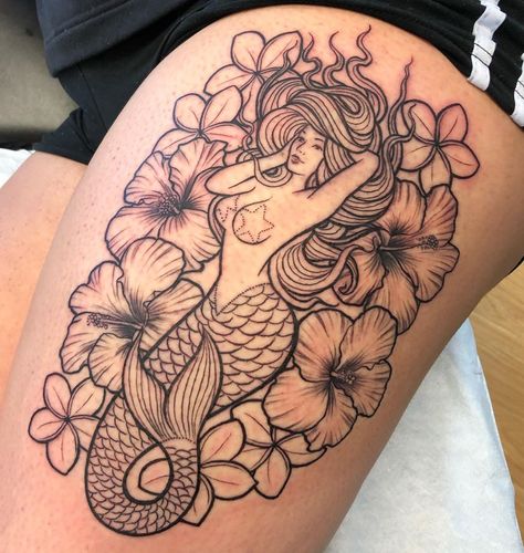 Thigh Mermaid Tattoo Women, Mermaid Tattoo With Flowers, Ocean Thigh Tattoo, Animal Thigh Tattoo, Tropical Flower Tattoos, Map Tattoo, Shell Tattoos, Map Tattoos, Thigh Piece