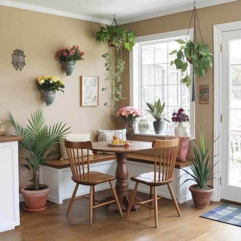 35+ Breakfast Nook Alternative Uses to Transform Your Space - ostrali.com Colourful Breakfast Nook, Alternative To Breakfast Nook, Breakfast Nook Hanging Plants, Cozy Breakfast Nook Round Table, Small Apartment Dining Nook, Diy Small Breakfast Nook, Cute Breakfast Nook, Breakfast Nook With Couch, Breakfast Nook Ikea Hack