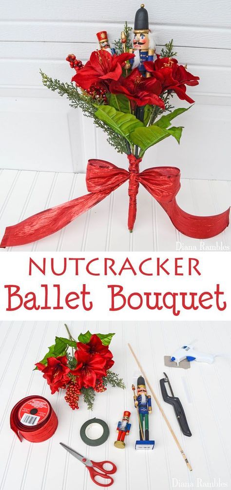 DIY Nutcracker Ballet Bouquet Tutorial - Create this themed flower arrangement to give to your ballerina after their next performance. It's perfect for the Nutcracker or other performances. #ballet #Nutcracker #flowers #bouquet #DIY Nutcracker Boutique Ideas, Unconventional Bouquets, Ballet Bouquet, Nutcracker Flowers, Nutcracker Centerpieces, Nutcracker Wedding, Articulated Paper Dolls, Nutcracker Gifts, Nutcracker Ideas