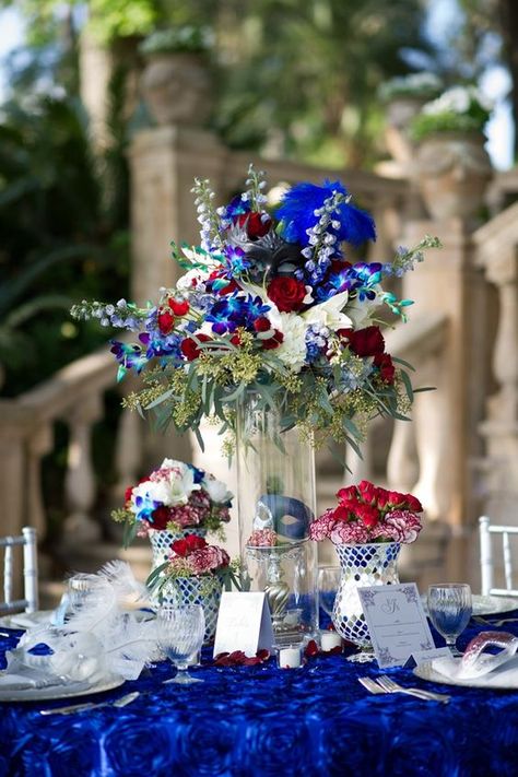 blue white and red 4th of July tall wedding centerpiece / http://www.himisspuff.com/red-white-and-blue-4th-of-july-wedding-ideas/5/ July Wedding Centerpieces, 4th Of July Wedding Ideas, Uso Party, Luncheon Themes, July Wedding Ideas, July Wedding Colors, Red White Blue Wedding, July Wedding Flowers, Americana Wedding