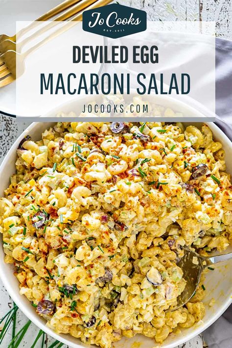 This Deviled Egg Macaroni Salad tastes just like deviled eggs, super creamy and loaded with celery, olives, pickles and red onion. Quick and delicious! #recipe #deviledeggs #macaronisalad Egg Noodle Salad Recipes Cold, Pasta Egg Salad Recipes, Egg Noodle Salad, Deviled Egg Macaroni Salad Recipe, Deviled Egg Pasta Salad Recipe, Deviled Egg Macaroni Salad, Egg Macaroni Salad, Macaroni Salads, Deviled Egg Salad