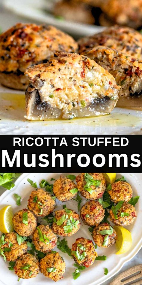 Stuffed mushrooms with ricotta, parmesan, and sun-dried tomatoes are a tasty appetizer or side dish for special dinners and holiday meals.Juicy button mushroom caps become vessels of flavor thanks to the creamy, savory, flavor-packed filling. Ina Garten Stuffed Mushrooms, Mushroom Side Dish Recipes, Artichoke Hearts Recipe, Artichoke Heart Recipes, Vegetarian Dinner Party, Vegan Mushroom Pasta, Mushroom Side Dishes, Edible Ideas, Healthy Vegan Dinner Recipes