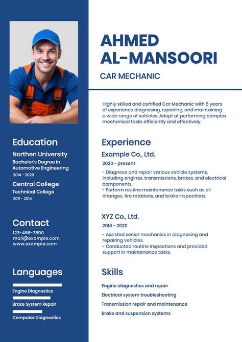 Mechanic Resume, Resume Simple, Creative Cv Template, Creative Cv, Automotive Engineering, Resume Builder, Resume Design Template, Motor Vehicle, Car Mechanic