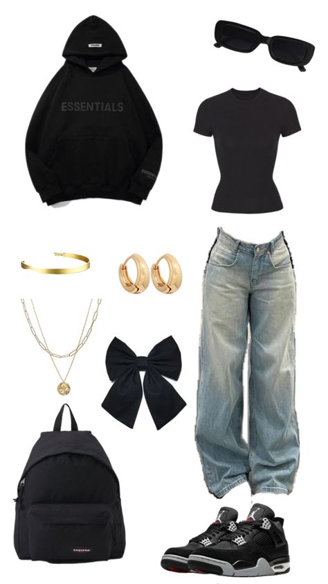 Includes jeans, Jordan 4s, accessories, gold jewelry, and sweatshirt Outfits With Jordan 4s, Girl Black Aesthetic, Jordan 4s Outfit, Jordans 4s, Jordan 4 Outfit, 4s Outfit, Jordan 4s, Jordan Outfits, Outfit Inspo Casual