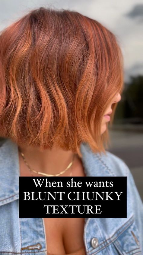 YOU WANT COPPER BLUNT CHUNKY TEXTURE !!!! Grab the @moroccanoilpro Demi 7C to brighten the ends and 6N to calm down the roots😋 For the… | Instagram Textures Short Hair, Short Same Length Haircut, Fall Bobs Short Hair, Copper Choppy Bob, Copper Red Hair Color Short Wavy Bobs, Cute Short Haircuts Red Hair, Cowgirl Copper Hair Bob, Chin Length Bob Balayage, Copper Short Hair With Bangs