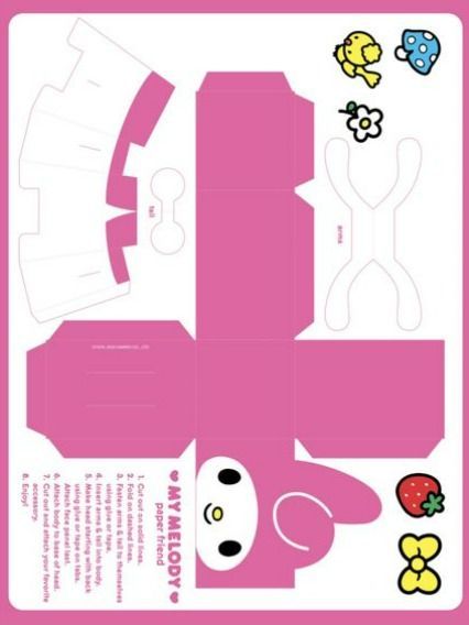 Paper Toys Template Hello Kitty, My Melody Paper Craft, Template Hello Kitty, Sanrio Paper, Papercraft Templates Printables, Learning Centers Preschool, Making Paper Flowers, Hello Kitty Theme Party, Cube Template