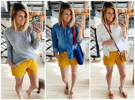 How to style linen shorts three different ways // Cute outfits wearing linen shorts // How to style a pair of shorts to wear now and later // Work from home outfit and how to style it for later // Quarantine outfit you can wear now and later // spring outfits #MyShopStyle #ShopStyle #springoutfits #wfh #wfhoutfit #quarantine #linenshorts Pale Yellow Shorts Outfit, Yellow Linen Shorts Outfit, Yellow Workwear Shorts For Spring, Casual Yellow Shorts For Leisure, Yellow Casual Shorts For Loungewear, Comfortable Pull-on Style Shorts For Spring, Style Linen Shorts, Yellow Shorts Outfit, Quarantine Outfit