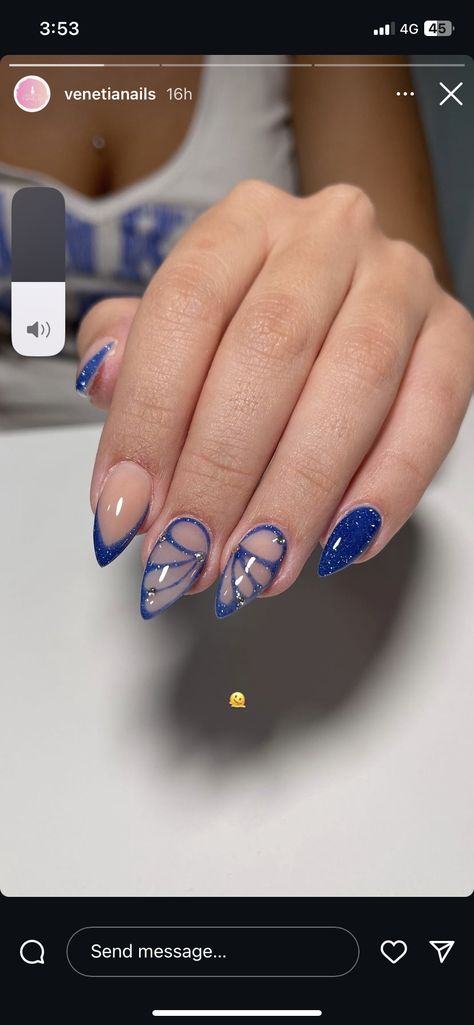 Chrome And Blue Nails, Gel X Inspo Nails, Blue Nail Inspo Almond, Mediterranean Nail Designs, Dark Blue And Black Nails, Blue Gel X Nails, Blue Trendy Nails, Blue And Grey Nails, Navy Blue Chrome Nails