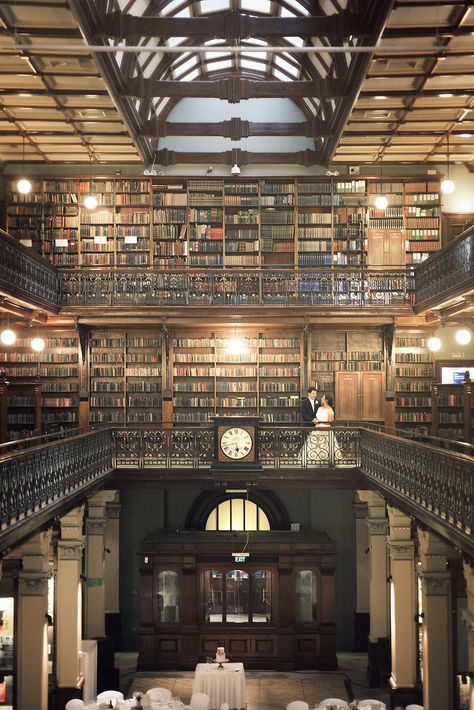 Weddings In Libraries, Library Aesthetic Wedding, Vintage Library Wedding, Bookstore Wedding Reception, Wedding Ideas Library, Wedding In Library, Wedding In A Library, Peabody Library Wedding, Mortlock Library