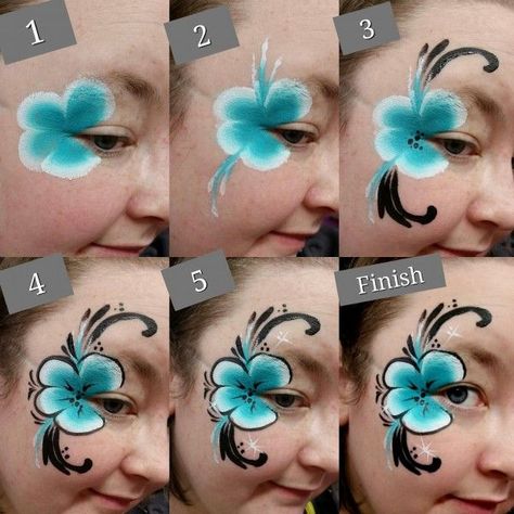 One Stroke Hibiscus Flower Tutorial Face Painting Designs Step By Step, Face Painting Flowers Tutorials, Hawaiian Face Paint Easy, Tropical Flower Face Paint, Face Painting How To Step By Step, Face Paint Tutorial Step By Step, Face Painting Techniques, Face Painting Tutorials Step By Step, Face Painting Step By Step