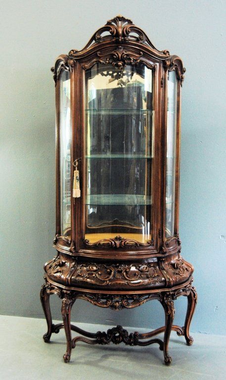 I want a curio cabinet like this for my skulls and oddities collection! Large Bombe Curio Cabinet Antique Curio Cabinet Display, Victorian Curio Cabinet, Antique Curio Cabinet, Victorian Cabinet, Curio Cabinets, Gothic Furniture, French Victorian, China Cabinets, Carved Furniture