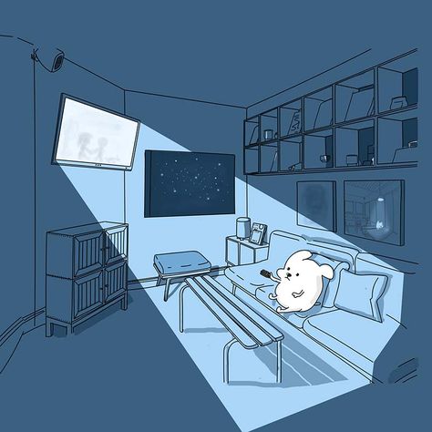 'Late night watching movies' by Thezar Prasetya - Illustration from Indonesia Person Watching Tv Drawing, Watching Tv Reference, Watching Tv Art, Anime Watching Tv Aesthetic, Watching Tv Drawing, Watching Tv Illustration, Watching Tv Aesthetic, Notion Pictures, Tv Drawing