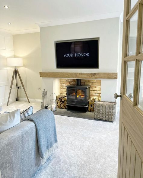 Champagne Living Room, Whitewashed Fireplace, 1915 House, 1930s House Interior, Chalk Wall Paint, Log Burner Living Room, Livng Room, Scandi Interior, House Lounge