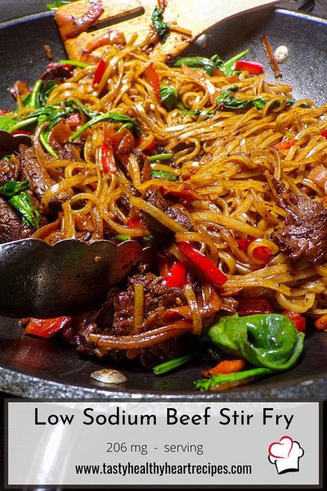 Low Sodium Beef Stir Fry (With a Spicy Noodle spin) has rice noodles with tender velvty beef, your favorite vegetables all bathed in a spicy oil, ginger, garlic and toasted sesame oil sauce. Regular takeout can be 2100 - 3800mg of sodium per serving. This Beef Stir Fry recipe is a delicious 210mg per serving Healthy Low Sodium Stir Fry, Low Sodium Asian Sauce, Good Low Sodium Meals, Low Sodium Stir Fry Sauce Easy, Best Low Sodium Recipes, Reduced Sodium Recipes, Low Sodium Sandwiches Lunches, Low Sodium Noodle Recipes, Low Sodium Chinese Recipes