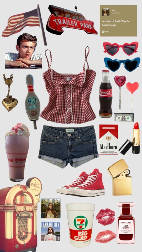 Americana outfit inspo #outfit #outfitideas #outfitinspiration #fitinspo #fit #summer #lanadelrey #americana #red #vintage #gold #lolitafashion #lolitainspired #heartshapedsunglasses #trailerparkprincess Vintage Americana Outfits, Americana Outfits, Long Skirt Jeans, Fit Summer, Heart Shaped Sunglasses, Vintage Americana, Inspo Outfit, Red Scarves, Graphic Tops