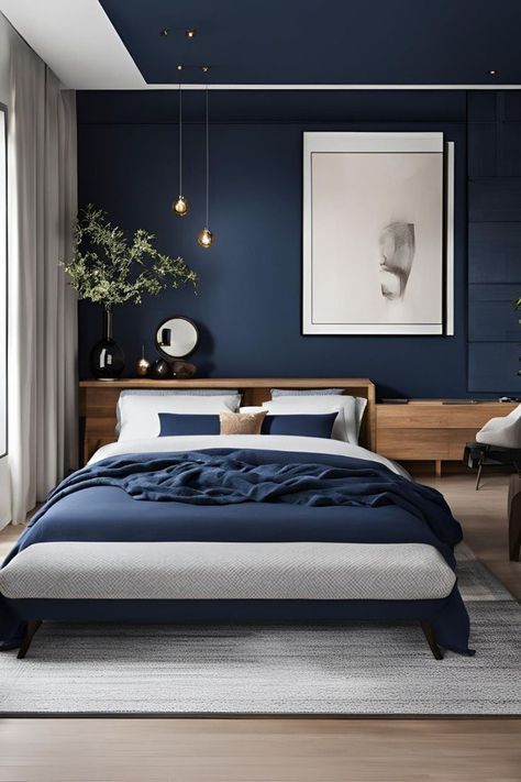 Bedroom Wall Highlight Ideas, Navy Walls Bedroom, Gold Modern Bedroom, Interior Design Blue Bedroom, Navy Blue Accent Wall Bedroom, Deep Blue Bedroom, Modern Blue Bedroom, Midnight Blue Bedroom, Navy Blue Rooms