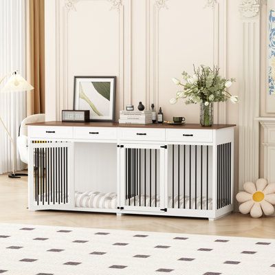 Looking for a stylish and super large furniture style dog crate? This designer style indoor large dog crate furniture is exactly what you need! The simple and stylish color scheme can be combined with any decor and is ideal for TV cabinets, display shelves, and plant stands. Complete with a steel divider, this large dog crate furniture is perfect for homes with one large dog or two medium-sized dogs. This heavy-duty crate can withstand even the naughtiest dogs with a maximum load capacity of 200 Small Dog Cage, Large Dog Crate Furniture, Double Dog Crate, Heavy Duty Dog Kennel, Kennel Furniture, Dog Crate Table, Furniture Style Dog Crate, Wood Dog Crate, Heavy Duty Dog Crate