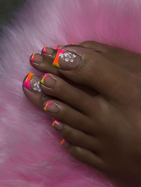 Hot Pink Toes With Design, Orange French Tip Toes, Orange Pedicure Ideas, Toe Designs Pedicure, Simple Toe Nail Designs, Hot Pink Pedicure, Vacation Pedicure, Pink Foil Nails, Pedicure French