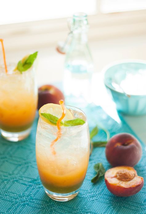 Sparkling Peachy Mint Lemonade | thekitchenmccabe.com Peach Mint Cocktail, Refreshing Peach Lemonade, Lemon And Mint Drink, Lemonade With Mint, Peach Green Tea Lemonade, Lemonade Slushies, Peach Lemonade, Mint Lemonade, Peach Puree