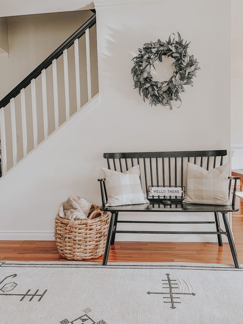 Black Farmhouse Bench, Dining Room Bench Decor, Target Bench Entryway, Entryway Bench Black, Modern Farmhouse Bench Entryway, Black Entry Bench, Hallway Bench Decor, Entry Way Bench Styling Farmhouse, Black And White Farmhouse Interior