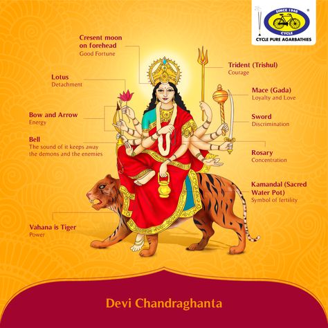 Here's the symbolism of the attributes of Goddess Chandraghanta that you may not have known. #PureDevotion Brahmacharini Devi, 3rd Day Of Navratri, Navdurga Maa, Mata Chandraghanta, Chandraghanta Devi, Goddess Chandraghanta, Hinduism Gods, Wallpapers Hd 1920x1080, Nava Durga