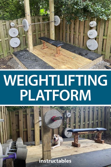 Build an 8’x8’ outdoor weightlifting platform with squat rack. #Instructables #backyard #workshop #woodworking #exercise Outdoor Weight Gym, Diy Outdoor Gym Backyard, Outdoor Gym Ideas Backyards Diy, Outdoor Squat Rack, Diy Outdoor Workout Area, Backyard Workout Area, Diy Outdoor Gym, Outdoor Gym Ideas Backyards, Outdoor Gym Ideas