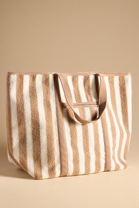 Acrylic; polyester straps; cotton lining One outer slip pocket Three inner slip pockets Magnetic closure Imported | Striped Terry Summer Tote by Anthropologie, Women's, Polyester/Cotton/Acrylic Trendy Woven Tote Beach Bag, Summer Striped Beach Bag For Shopping, Beach Bag Aesthetic, Beach Bags, Summer Tote Bag, Striped Tote Beach Bag For Shopping, Striped Tote Beach Bag, Summer Beach Bag, Woven, Summer Tote Bags