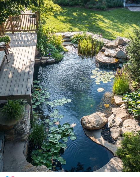 House Pond Ideas, Natural River Backyard, Natural Pool With Waterfall, Natural Backyard Pond, House With Stream, Lake Beach Landscaping, Garden Ponds With Waterfalls, Natural Pond Ideas, Natural Pools Backyard Swimming Ponds