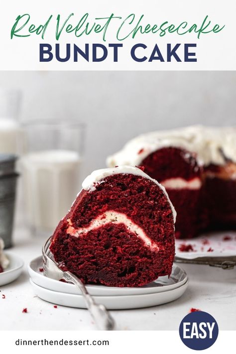 Red Velvet Cheesecake Bundt Cake is a moist red velvet cake recipe filled with rich creamy cheesecake and a classic cream cheese frosting. Cheesecake Bundt Cake, Red Velvet Bundt, Cream Cheese Bundt Cake, Red Velvet Bundt Cake, Cake Decorating Turntable, Easy Red Velvet, Fluffy Cream Cheese Frosting, Easy Bundt Cake, Red Velvet Cake Recipe