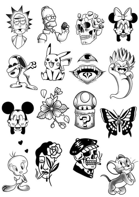 Tato Geisha, Tato Flash, Tato Ikan Koi, Cool Tattoo Drawings, Tattoo Outline Drawing, Cartoon Character Tattoos, Flash Tattoo Designs, Tattoo Flash Sheet, Spooky Tattoos