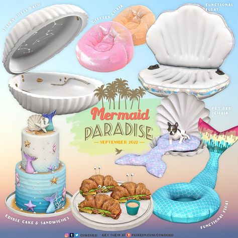 Mermaid paradise pool party. The set includes, sea shell float, sea shell pet bed/chair, mermaid tail float, mermaid cake, crabby beach sandwiches, retro glitter chair and luxury shell bath. Sims4 / ts4cc / sims4cc / thesims4cc / simscc / thesims4 / sims 4 Downloads / ts4 / ts4 clutter / ts4 furniture Sims 4 Cc Pool Clutter, Sims 4 Sea Shell Cc, Sims 4 Cc Mermaid Mod, Mermaid Mod Sims 4, Sims 4 Beach Cc Patreon, Sims 4 Island Living Cc Mermaid, Sims 4 Pools Cc, Mermaidcore Sims 4 Cc, The Sims 4 Cc Furniture Pool Patreon