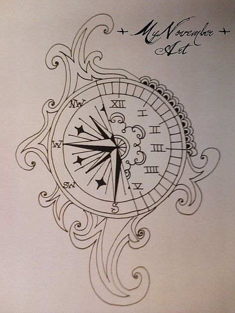 Compass clock tattoo I want something like this but saying something to the effect of "be the one to guide me,i run on your clock." Compass Clock, Tattoo Transfer Paper, Clock Tattoo Design, Clock Tattoo, A Compass, Celtic Tree, 1 Tattoo, Compass Rose, Steampunk Art