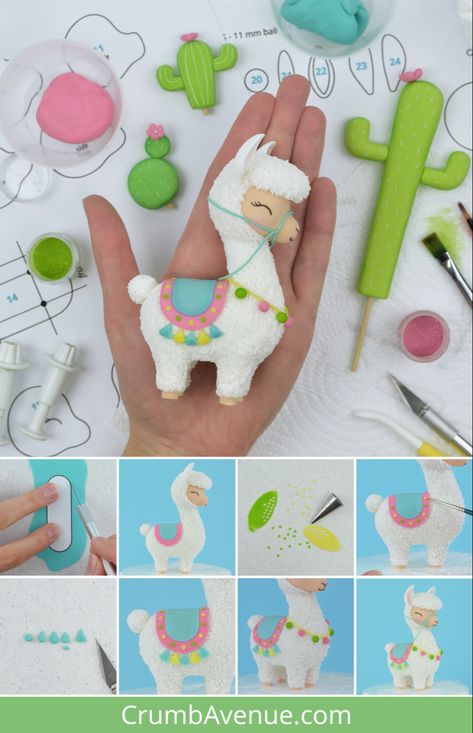 Fondant Llama Cake Toppers, Clay Llama Diy, Templates For Clay Free Printable, Llama Fondant, Summer Birthday Cake Ideas, Lama Cake, Birthday Cake Ideas For Kids, Llama Cake Topper, Sugar Animal