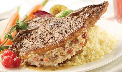 This special dish is sure to wow that special someone. The rich flavors are complimented by the tart Dijon mustard and bright splash of white wine. Serve with a rich Chardonnay or a spicy Gewürztraminer. Boursin Pork Chops, Easy Stuffed Pork Chops, Cheese Pork Chops, Pan Fried Pork Chops, Pork Sausage Recipes, Stuffed Pork Chops, Sausage Sandwiches, Stuffed Pork, Boursin Cheese