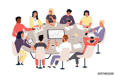 Stock Image: Clerks or colleagues sitting at round table and discussing ideas or brainstorming. Business meeting, formal negotiation, conference, group discussion. Vector illustration in flat cartoon style. Communication Illustration, Idul Fitri, Employee Engagement, Human Services, Business Meeting, Round Table, Childcare, Cartoon Styles, Evolution