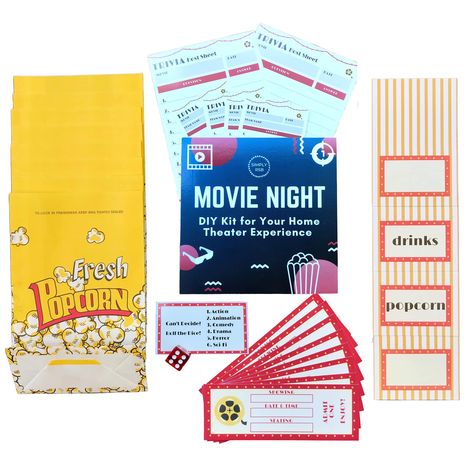 PRICES MAY VARY. First and only premium kit on the market that brings the movie theater experience to your home, includes the most unique movie night supplies Our movie night party kit includes 8 movie tickets, 8 popcorn bags, 4 concession stand place cards, 4 trivia team cards, 2 trivia host cards, 1 dice, instructions and it is reusable as long as you use dry erase markers. Place cards, trivia cards and movie tickets are sturdy and strong. They are thicker than your business cards! Perfect for Ladies Movie Night, Backyard Christmas, Backyard Movie Night Party, Movie Theater Party, Movie Night Tickets, Movie Theater Decor, Movie Night Ideas, Movie Night Decorations, Perfect Movie Night