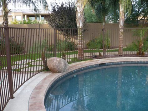 Home Swimming Pool Ideas, Fencing Around Pool, Cabin Shower Ideas, Pool Arizona, Wrought Iron Pool Fence, Privacy Screen Plants, Rod Iron Fences, Home Swimming Pool, Fence Around Pool