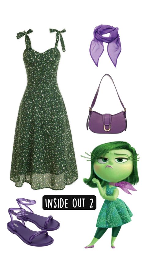 Inside Out, Disgust Emotion, Green,Purple,Summer Dress Disgust Emotion, Cute Easy Halloween Costumes, Inside Out Disgust, Inside Out Costume, Purple Summer Dress, Pretty Halloween Costumes, Inside Out 2, Disney Inspired Outfits, Halloween Costumes Makeup