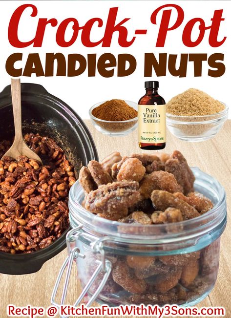 Candied Nut is a mixture of nuts, pecans, almonds, and cashews candied in vanilla, sugar, brown sugar, and cinnamon. Quick, Easy and can be made in the Slow Cooker or Oven. Candied Nuts Recipe, Slow Cooker Candy, Crockpot Candy, Candied Almonds, Walnut Recipes, Snack Mix Recipes, Nut Recipes, Candied Nuts, Spice Recipes