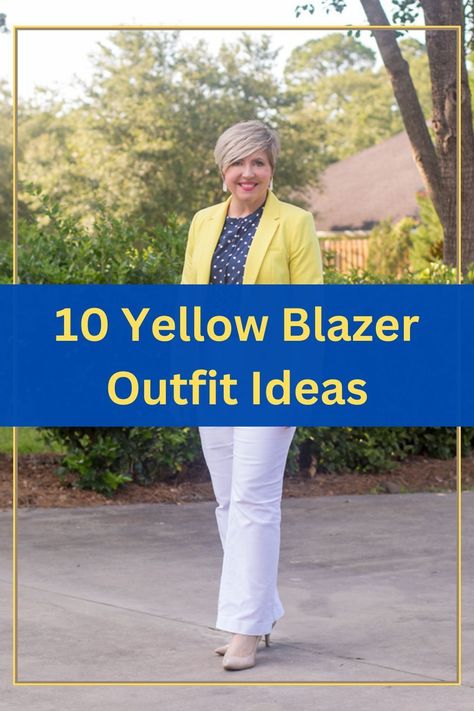 Yellow is a trending color for spring. A yellow blazer makes a bold statement. Here are 10 outfits ideas for a yellow blazer. spring work wear, fashion over 40 Yellow Blazer Outfit Classy, Yellow Blazer Outfit, Mustard Jacket, White Blazer Outfits, Yellow Words, Light Blue Pants, White Slacks, Dressy Jackets, Yellow Blazer