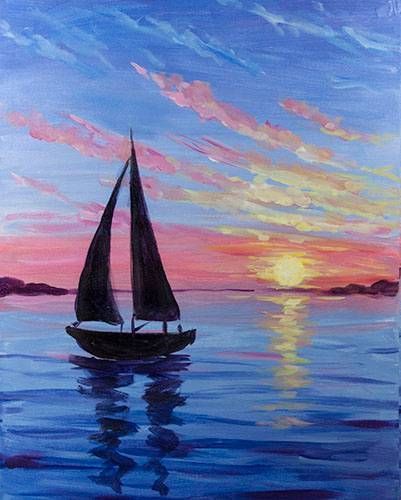 30 Easy Painting Ideas for Beginners, Easy Landscape Paintings, Simple – Paintingforhome Easy Landscape Paintings, Sunrise Painting, Paint Nite, Sailboat Painting, Simple Canvas Paintings, Canvas For Beginners, On The Ocean, Moon Painting, Easy Canvas Painting