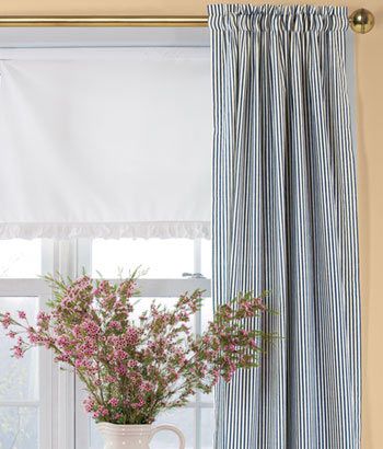 Striped Curtains, Plaid Curtains, Checked Curtains, Blue Plaid Curtains - Country Curtains® Ticking Curtains, Beach House Curtains, Ticking Stripe Curtains, House Curtains, Dream House Living Room, Balloon Curtains, Plaid Curtains, Curtains Decor, Vermont Country Store