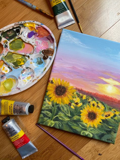 Sunflower Painting Landscape, Sunset And Sunflowers Painting, Flower Painting Sunflower, Sunflower Sunset Painting, Sunflower Mini Painting, Black And White Scenery Painting, Canvas Painting Sunflower, Sunflower Painting Ideas On Canvas, Painting Ideas Sunflowers