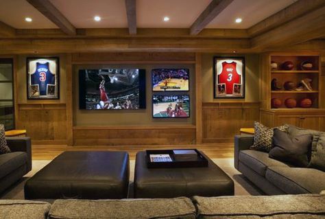 Manly Sports Basement Lounge Room Design Ideas Basement Media Room Ideas, Basement Media Room, Lounge Room Design, Tv Wall Ideas, Acnh Basement, Media Room Design, Man Cave Home Bar, Design Salon, Basement Design Ideas