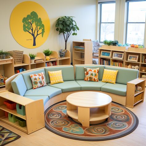 Discover a world of charming and functional furniture for your preschool. From cozy reading nooks to interactive learning corners, our Pinterest board showcases a range of imaginative designs. Create an enchanting environment where every piece sparks creativity and supports holistic growth. Dive in and design the perfect kindergarten ambiance!" Early Childhood Center Design, Montessori School Interior Design, Kindergarten Library Design, Wooden Preschool Furniture, Preschool Interior Design Nursery School, Preschool Furniture, Classroom Arrangement, Preschool Decor, Cozy Reading Nook