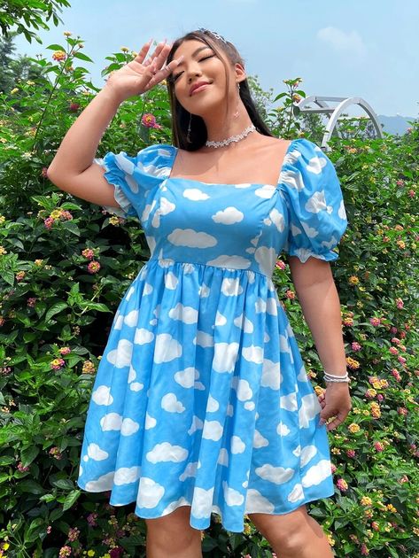 SHEIN Plus Cloud Print Square Neck Puff Sleeve Dress | SHEIN USA White Puff Sleeve Dress Plus Size, Cloud Print Dress, Plus Size Puff Sleeve Dress, Kenna Aesthetic, Floral Design Frocks, Outfit Gorditas, Square Neck Puff Sleeve Dress, Sorority Dresses, Plus Size Short Dresses