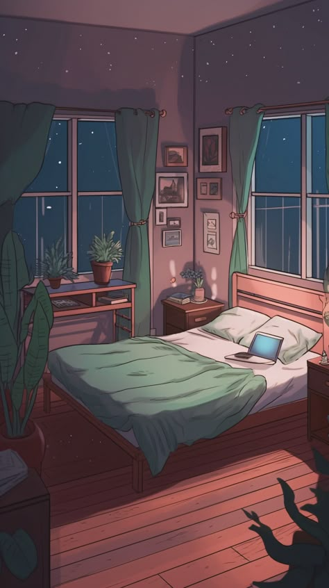 Anime Bedroom Illustration, Digital Art Bedroom Illustrations, Room Aesthetic Illustration, Cartoon Bedroom Aesthetic, Messy Bedroom Illustration, Room At Night Illustration, Anime Room Aesthetic Wallpaper, Animated Bedroom Background, Lo Fi Aesthetic Bedroom