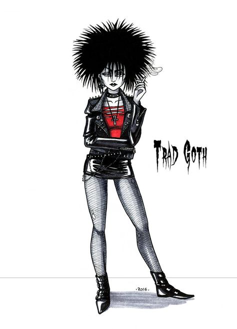 Types of Goths Trad Goth Drawing, 80s Trad Goth Outfits, 80s Goth Outfits, 80s Trad Goth, Goth Types, Different Types Of Goth, Trad Goth Outfits, Deathrock Fashion, Types Of Goth